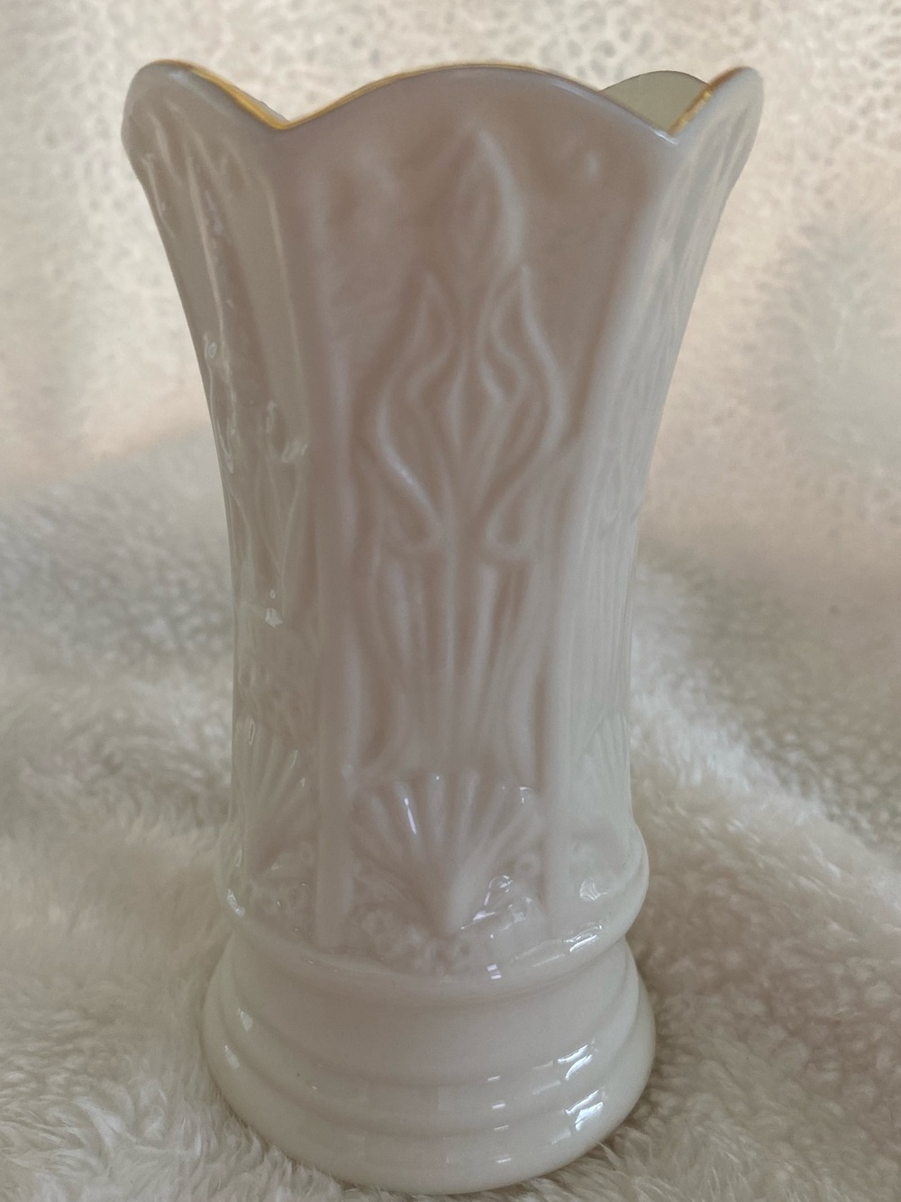 Belleek Small Cream Embossed Porcelain Vase with Gold Trim
